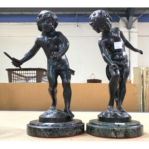 73 - After August Moreau, a pair of bronze figures of young boys playing, mounted on circular marble plin... 