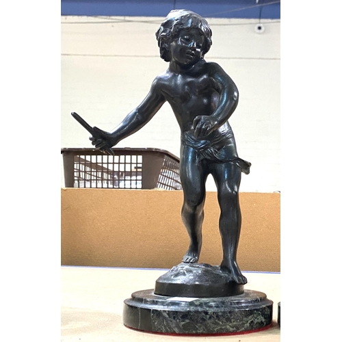 73 - After August Moreau, a pair of bronze figures of young boys playing, mounted on circular marble plin... 