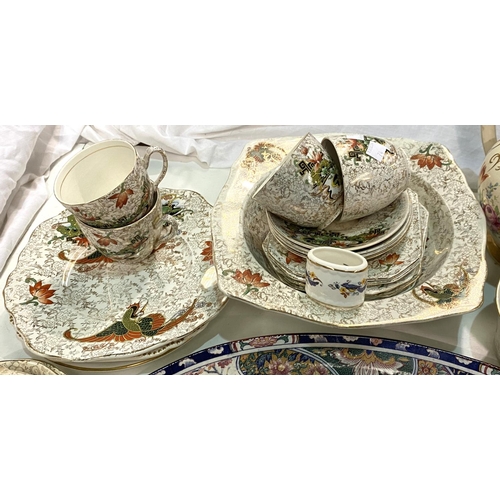 74 - A selection of oriental style teaware/tins etc with large oriental platter; a pair of Victorian styl... 