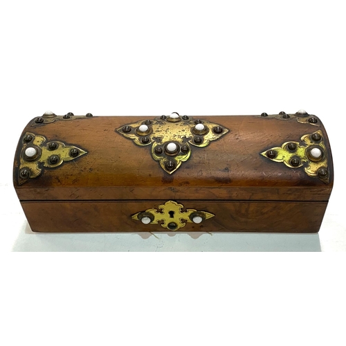 78 - A 19th century burr walnut dome top box with brass fittings and white studded decoration. Length 27c... 