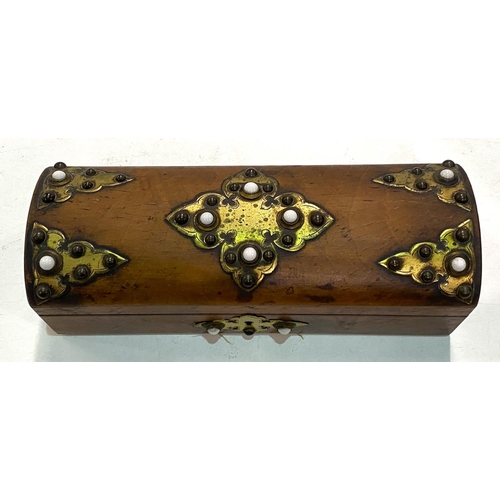 78 - A 19th century burr walnut dome top box with brass fittings and white studded decoration. Length 27c... 