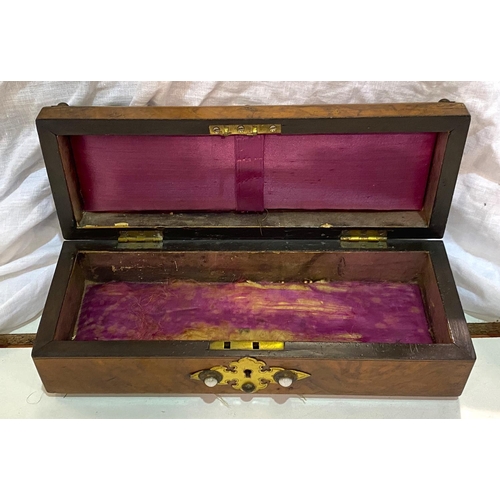 78 - A 19th century burr walnut dome top box with brass fittings and white studded decoration. Length 27c... 