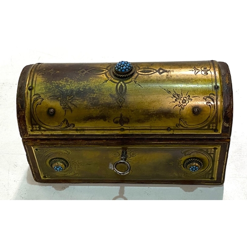 79 - A late 19th century leather and brass bound box with bottles fitted internally (spaces missing) with... 