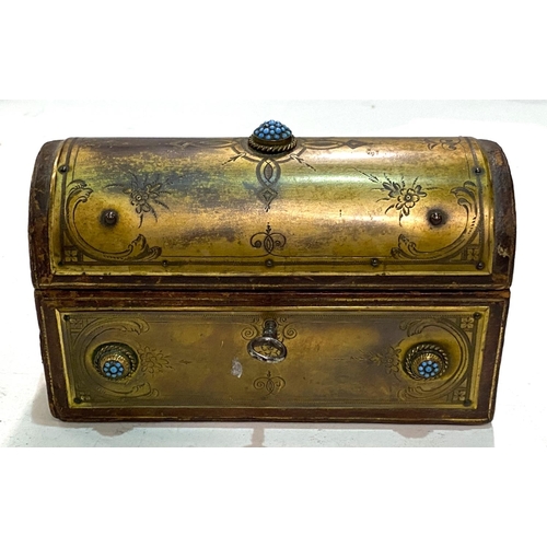 79 - A late 19th century leather and brass bound box with bottles fitted internally (spaces missing) with... 