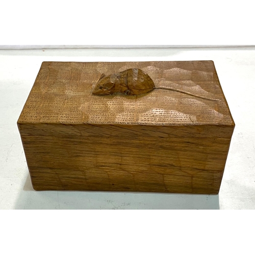 81 - Robert 'Mouseman' Thompson (Kilburn) workshop, carved oak covered rectangular box with mouse atop, 1... 