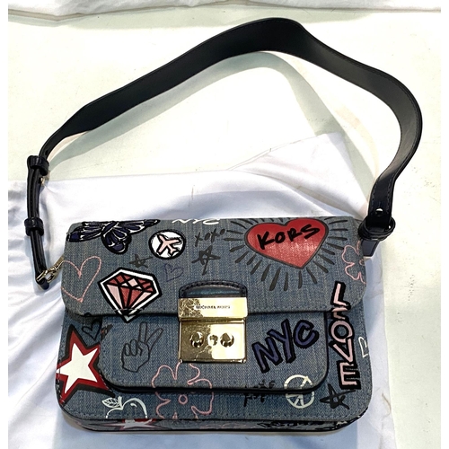 89 - Michael Kors - 'Sloan Editor' embroidered washed denim blue shoulder crossover graffiti bag with bag... 