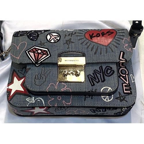 89 - Michael Kors - 'Sloan Editor' embroidered washed denim blue shoulder crossover graffiti bag with bag... 