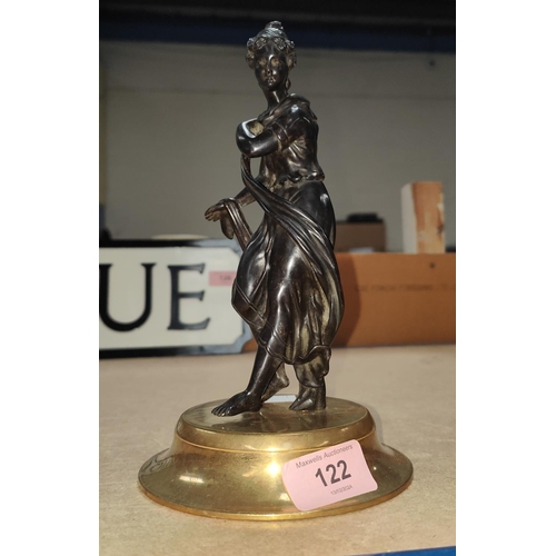 122 - A late 19th/ early 20th century French bronze of classical style female on brass plinth, height 23cm