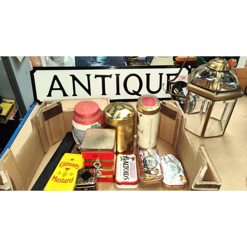 126 - An 'Antiques' metal street sign, a cigar box, a collection of tins and an antique style hanging ligh... 