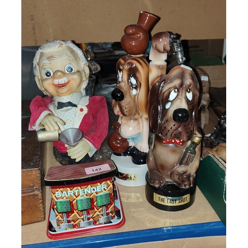 142 - A tinplate bar tender, two sad dog musical decanters and 3 cut glass decanters