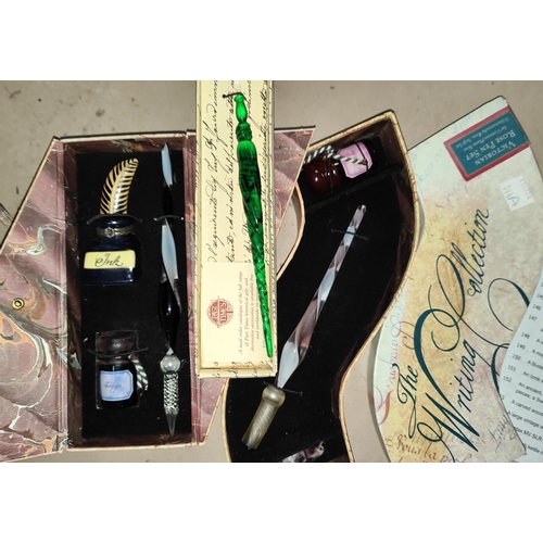 144A - Three boxed reproduction Victorian style glass pen gift sets with ink etc