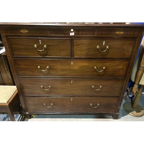 906 - A George III chest of 3 long and 2 short drawers with brass swan neck handles, Sheraton style, butte... 