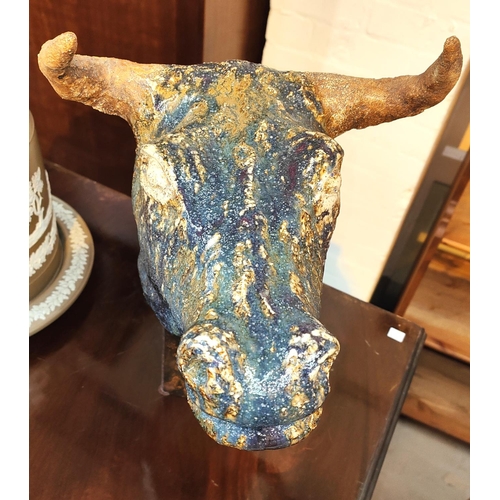 481B - Kjell Janson: Swedish ceramic art sculpture of a bulls head, mottled blue and brown tin glazing on a... 