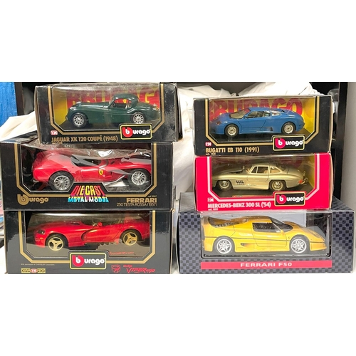 313 - Burago 5 1/24 and 1/18 scale boxed vehicles, Dodge, Viper, Ferrari, Jaguar XK 120, Mercedes Benz 300... 