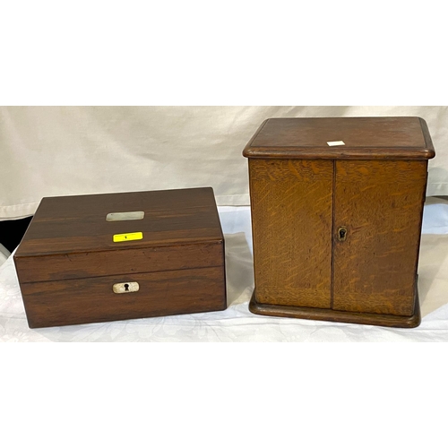 1 - An oak miniature sewing cabinet with 8 drawers enclosed by 2 doors; a 19th century rosewood workbox