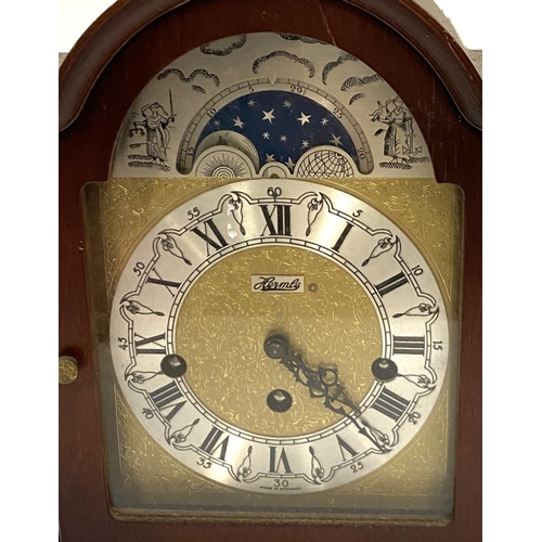 14 - A reproduction Georgian style bracket clock in mahogany arch top case, with silvered and brass dial,... 