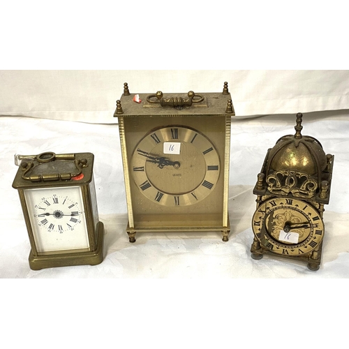 16 - A 20th century brass carriage clock; a reproduction brass carriage clock; a period style brass mante... 
