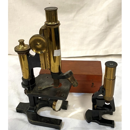 17 - A microscope with 2 lenses by Watson & Son; a small travel microscope in wooden case