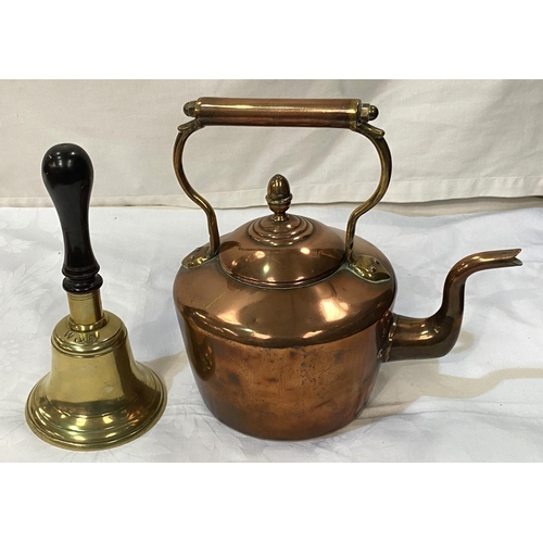 2 - A 19th century copper kettle; a 19th century school bell