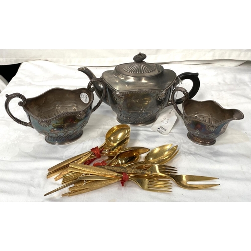 26 - A Rococo style 3 piece silver plated tea service; a quantity of gilded cutlery