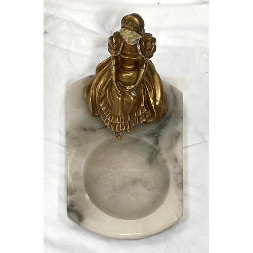 29 - A 1920's polished marble dish with applied figure of a girl in Regency dress, 18cm