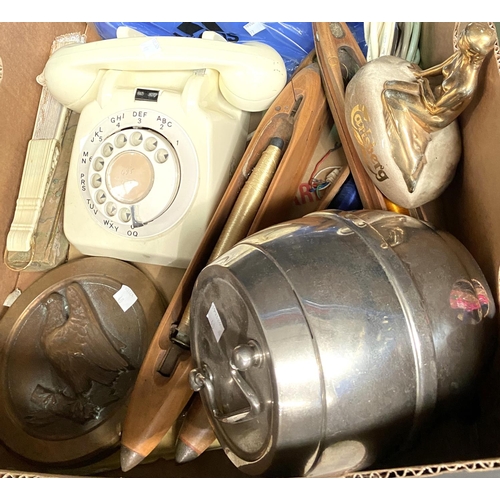 40 - A brass roundell with hawk on branch, a vintage telephone and other collectables