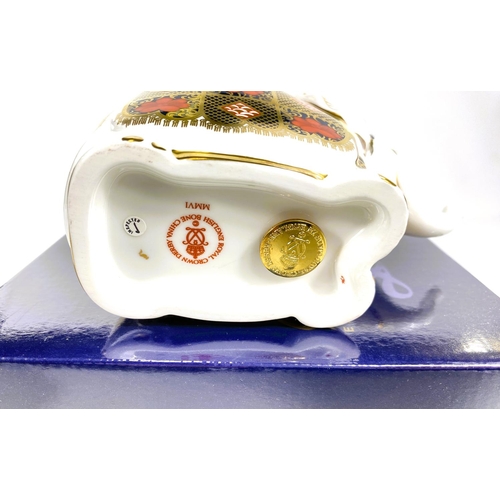 472 - Royal Crown Derby Paperweight:Elephant MMVI, boxed, gold back stopper.