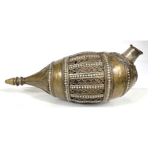 494A - An Islamic 18th century brass and white metal Hookah pipe body, ht 23cm