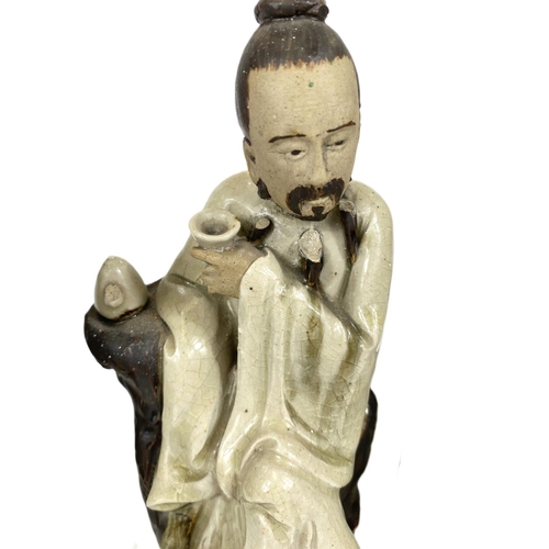 495A - Three Chinese 19th century Shin Wan figures, wise men with children (some loss), largest 21cm