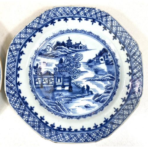 498D - Two Chinese 18th century plates, octagonal blue and white dish traditional scene, dia. 22.5cm and a ... 