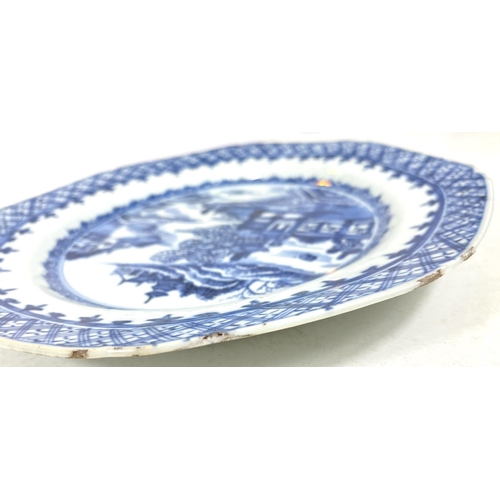 498D - Two Chinese 18th century plates, octagonal blue and white dish traditional scene, dia. 22.5cm and a ... 