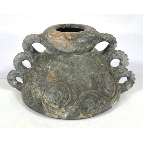 499B - An unusual Chinese squat vessel with incised decoration and rope like handles, ht. 11cm