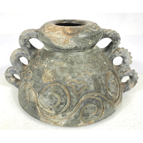 499B - An unusual Chinese squat vessel with incised decoration and rope like handles, ht. 11cm