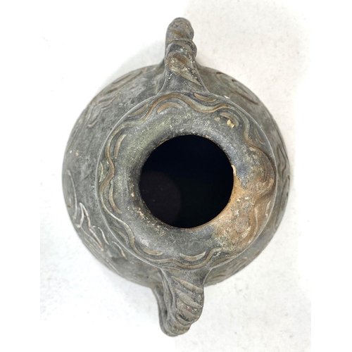 499B - An unusual Chinese squat vessel with incised decoration and rope like handles, ht. 11cm