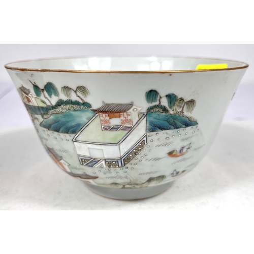 504 - A Chinese famille vert bowl decorated with traditional house with fishing in the river, seal mark to... 