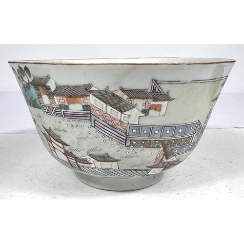 504 - A Chinese famille vert bowl decorated with traditional house with fishing in the river, seal mark to... 