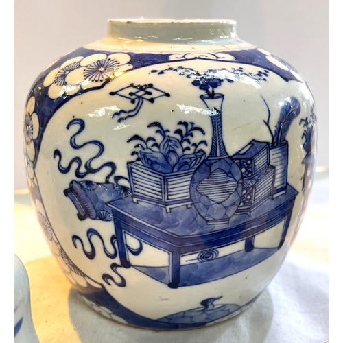 518 - A Chinese blue and white ginger jar, two blue and white scent bottles and a blue and white vase