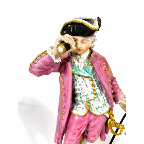 522 - A Meissen style figure of a gentleman with spy glass and cane, crossed swords mark in blue, ht. 22cm... 