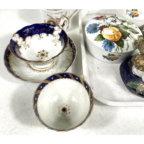 526 - An 18th century Worcester style tea bowl and saucer of spiral fluted form with blue and gilt borders... 