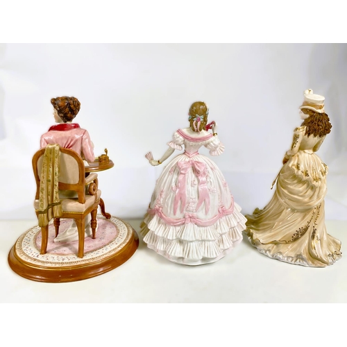 556 - A Royal Worcester limited edition group:  The Masquerade Begins; 2 Coalport figures:  Helena Riding ... 