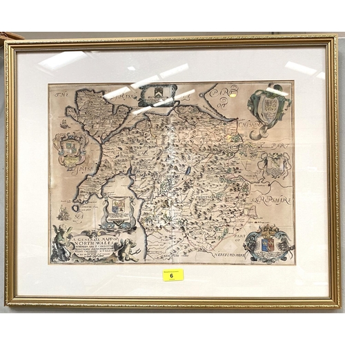 6 - Rick Blome: 18th century map of North Wales & Anglesey, hand coloured, 30 x 46cm, framed and gla... 