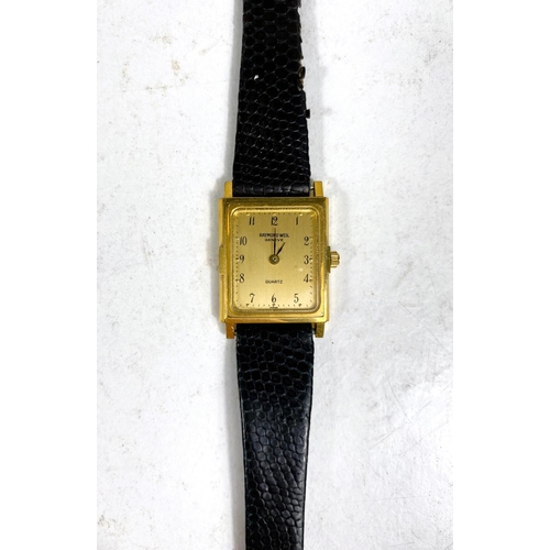 621 - A cased His and Hers Raymond Weil gold plated rectangular dial watches on black leather straps, smal... 