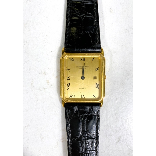 621 - A cased His and Hers Raymond Weil gold plated rectangular dial watches on black leather straps, smal... 