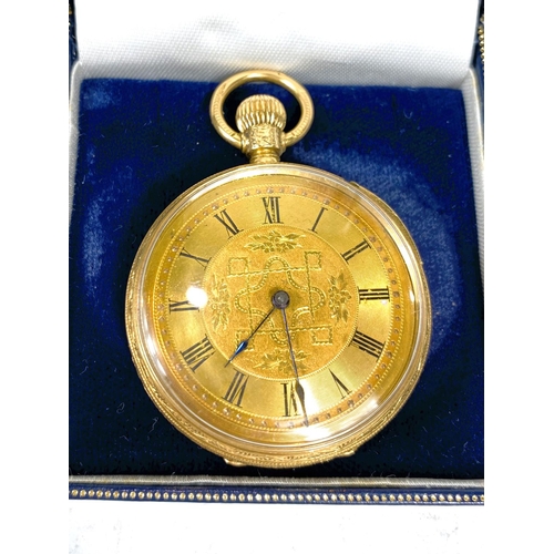 653 - A 18 carat hallmarked gold Waltham pocket watch with extensive chased decoration, keyless and open f... 