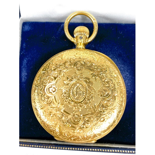 653 - A 18 carat hallmarked gold Waltham pocket watch with extensive chased decoration, keyless and open f... 