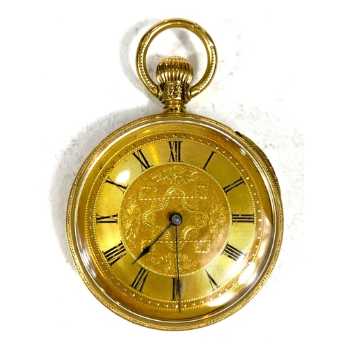 653 - A 18 carat hallmarked gold Waltham pocket watch with extensive chased decoration, keyless and open f... 