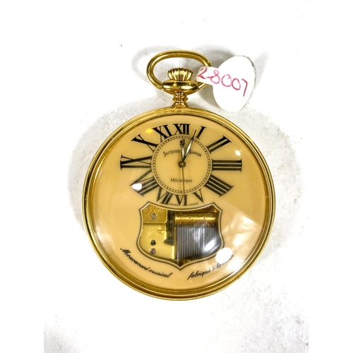 654 - A gent's gold plated pocket watch, musical and open faced with partly exposed movement, by Jacques d... 