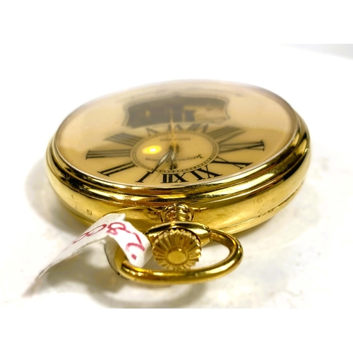 654 - A gent's gold plated pocket watch, musical and open faced with partly exposed movement, by Jacques d... 