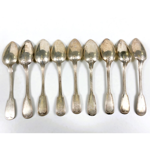 688 - A matched set of 9 continental fiddle and thread pattern soup spoons, 17oz