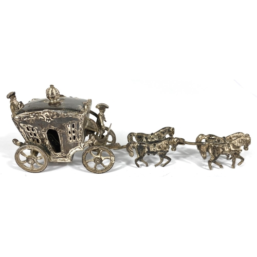 714 - A miniature hall marked silver horse and carriage four horses and two coachmen L 15cm 